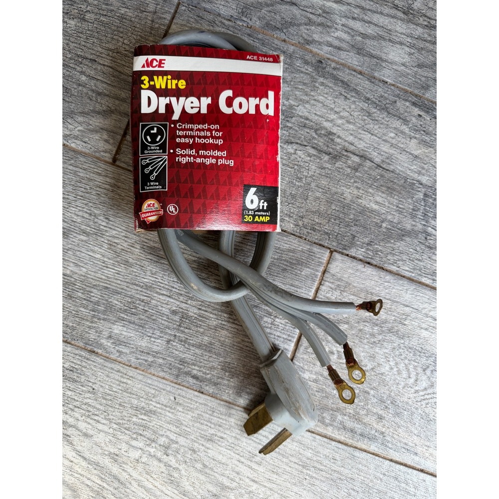 Ace Dryer Power Cord 6 ft Gray 3-Wire 30 Amp 250V Right Angle Plug 31448 NWT